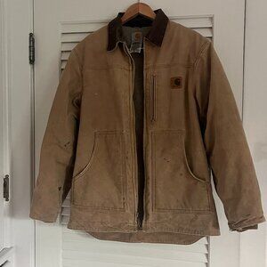 Men's Carhartt Duck Canvas Jacket Coat Sherpa Fleece Lined Tan / Brown